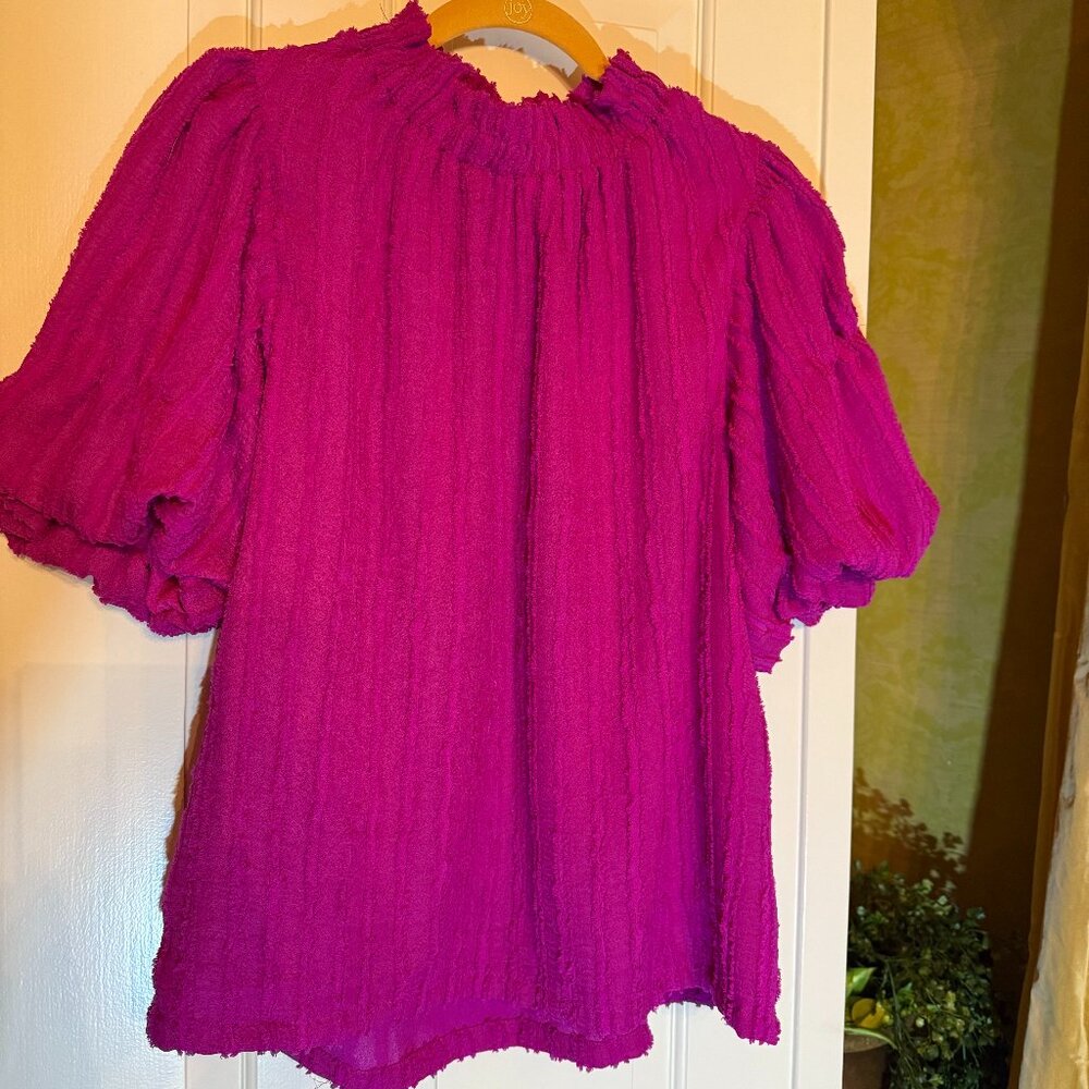 THML Fuschia Puffed Sleeve, Ruffle Neck Top Size M